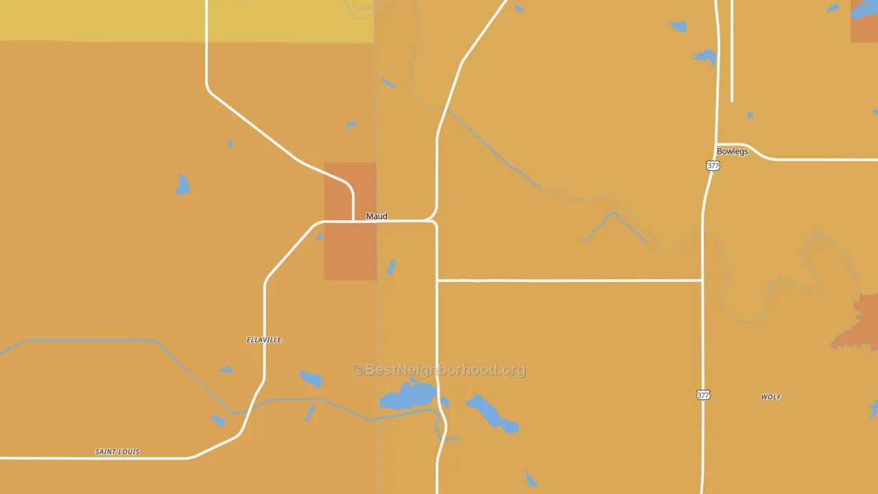 Map of the best neighborhoods in the 74854 area, with better matches in green and worse matches in red
