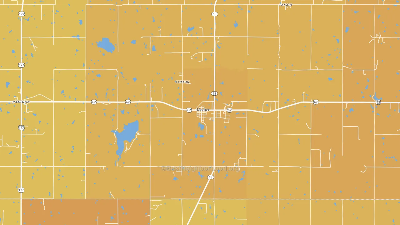 Map of the best neighborhoods in the 74855 area, with better matches in green and worse matches in red