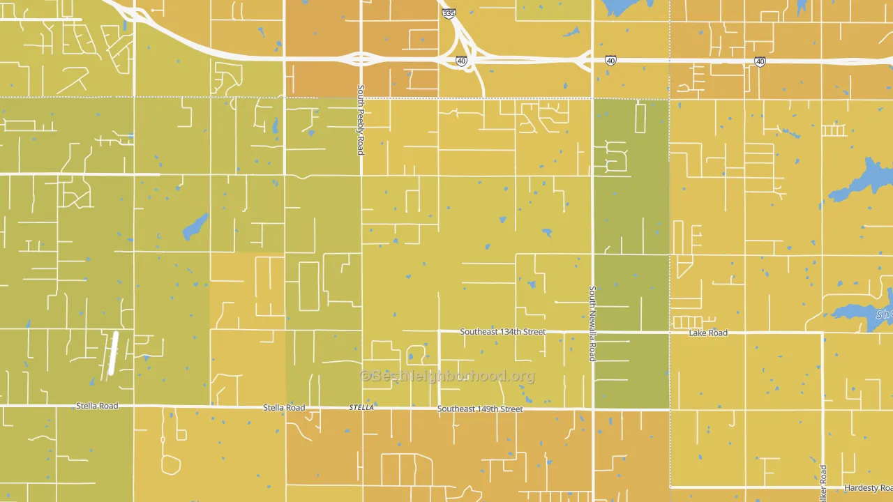 Map of the best neighborhoods in the 74857 area, with better matches in green and worse matches in red