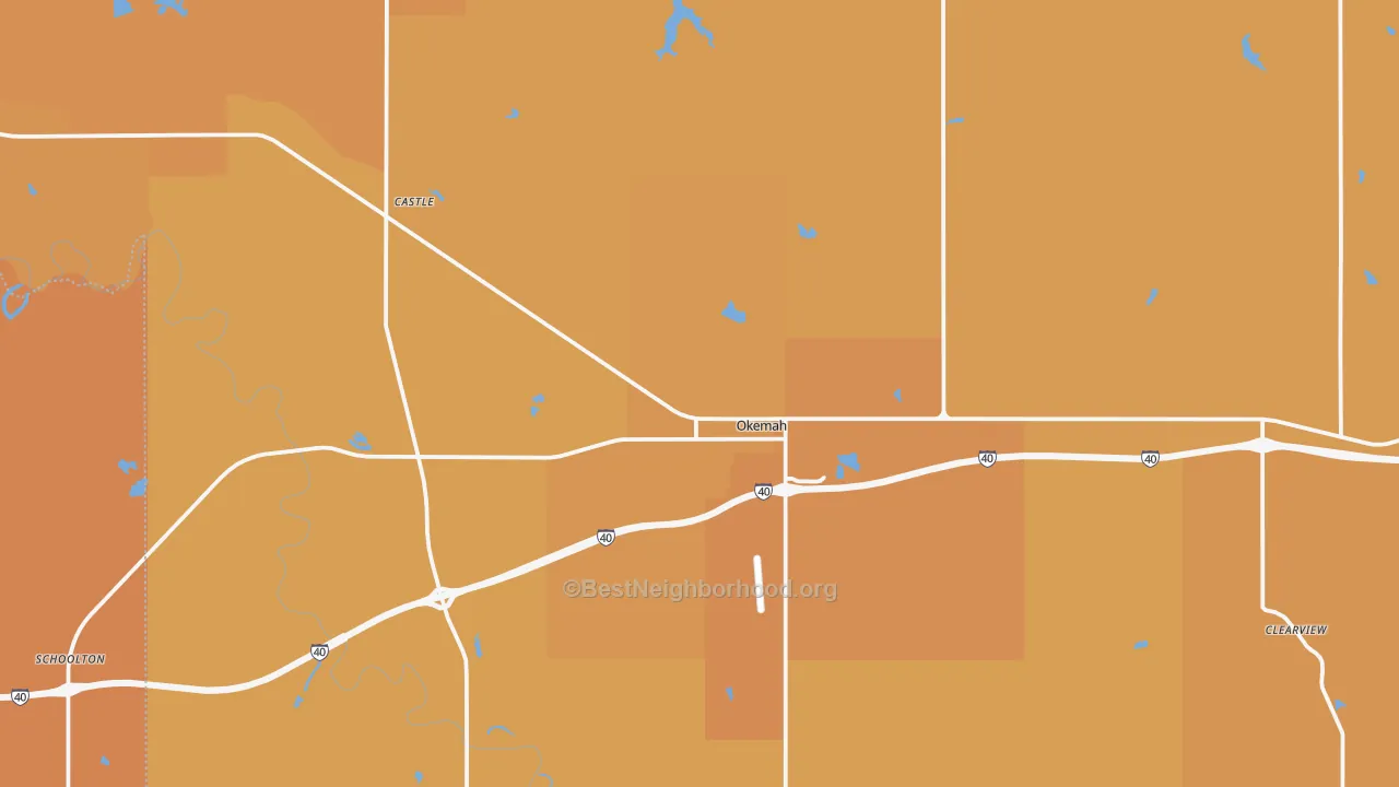 Map of the best neighborhoods in the 74859 area, with better matches in green and worse matches in red