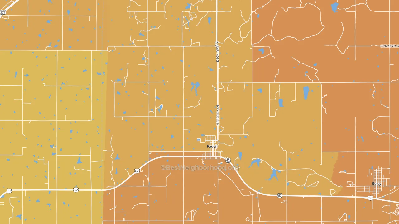 Map of the best neighborhoods in the 74860 area, with better matches in green and worse matches in red