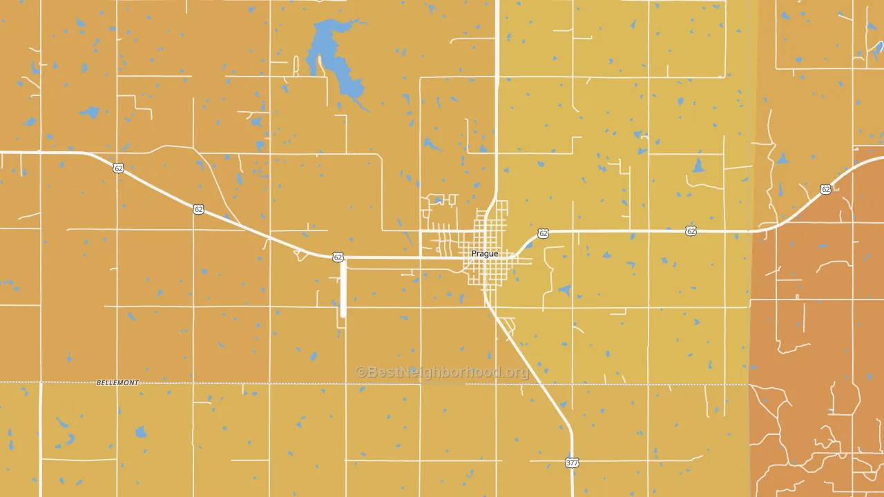 Map of the best neighborhoods in the 74864 area, with better matches in green and worse matches in red