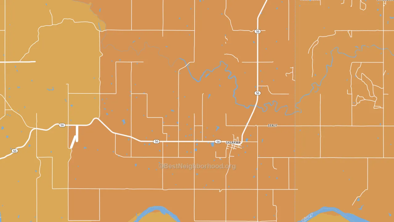 Map of the best neighborhoods in the 74867 area, with better matches in green and worse matches in red