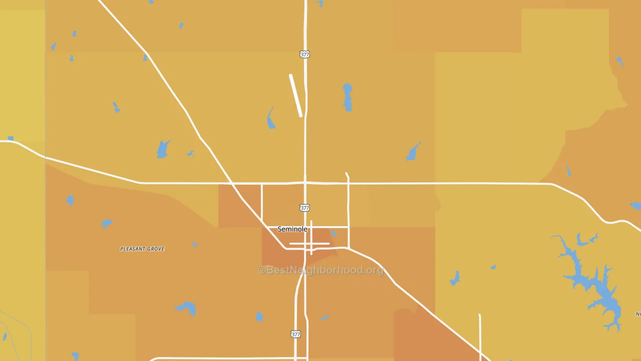 Map of the best neighborhoods in the 74868 area, with better matches in green and worse matches in red