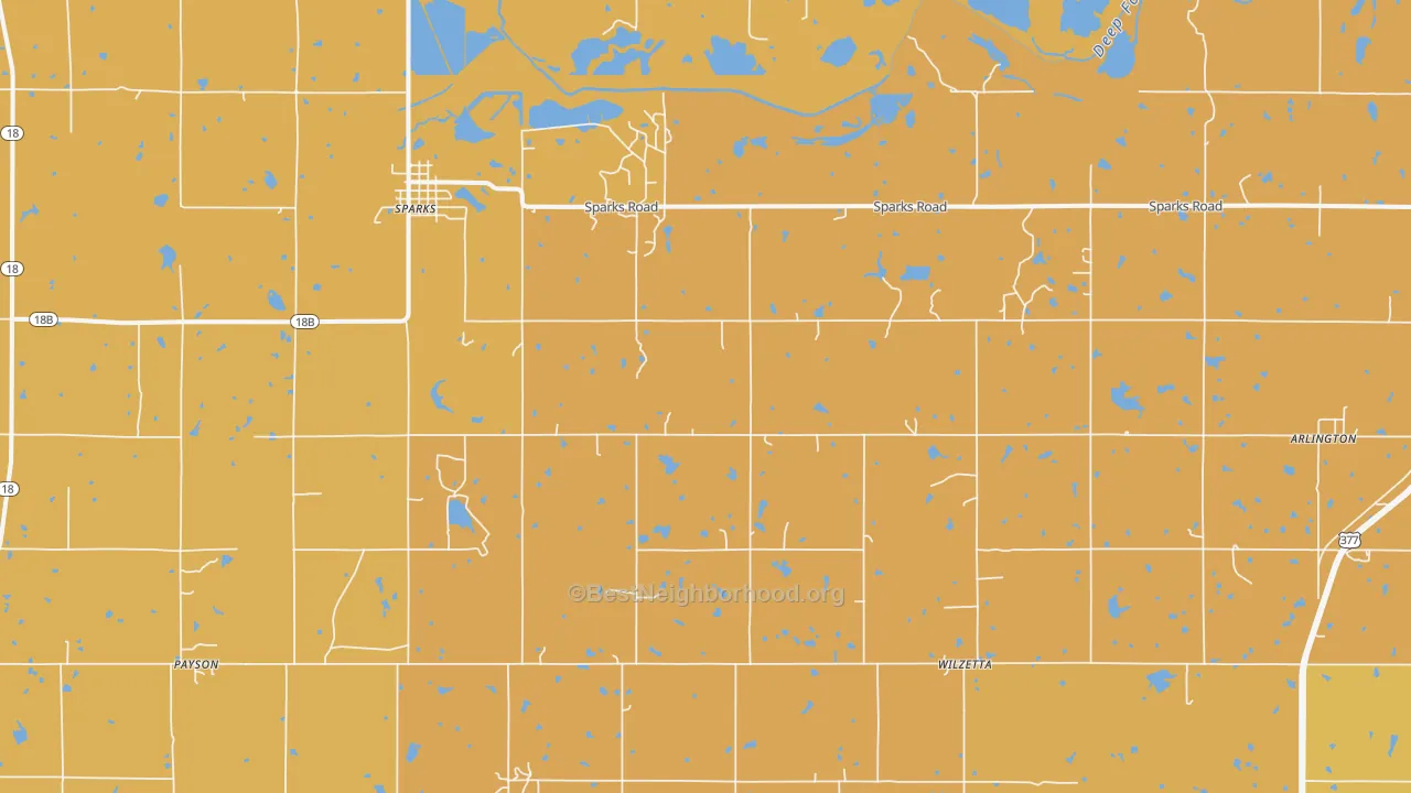 Map of the best neighborhoods in the 74869 area, with better matches in green and worse matches in red