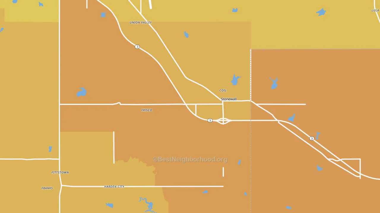 Map of the best neighborhoods in the 74871 area, with better matches in green and worse matches in red