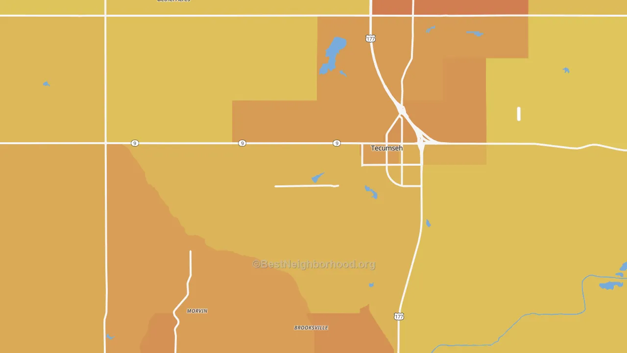 Map of the best neighborhoods in the 74873 area, with better matches in green and worse matches in red