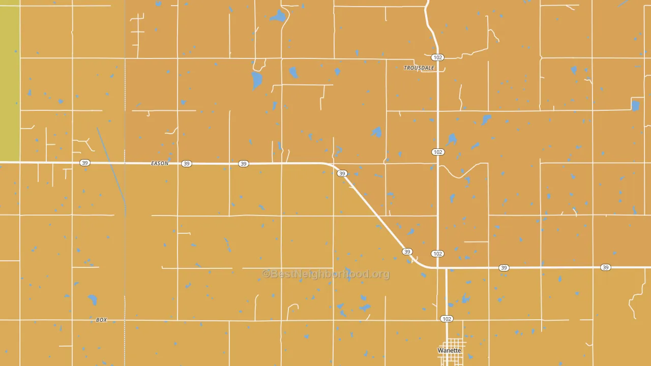 Map of the best neighborhoods in the 74878 area, with better matches in green and worse matches in red