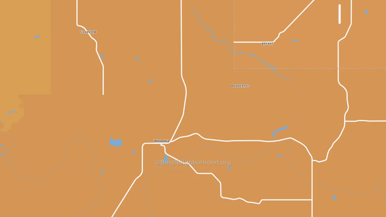 Map of the best neighborhoods in the 74880 area, with better matches in green and worse matches in red