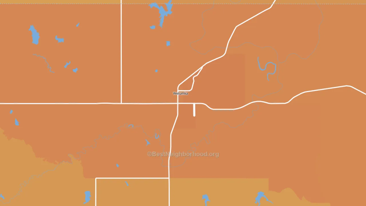 Map of the best neighborhoods in the 74883 area, with better matches in green and worse matches in red