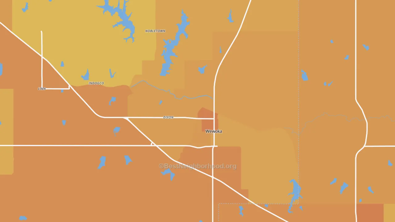 Map of the best neighborhoods in the 74884 area, with better matches in green and worse matches in red