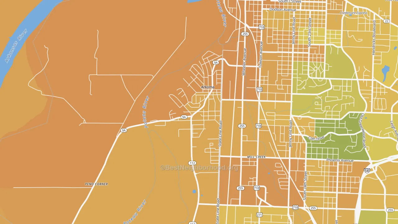 Map of the best neighborhoods in the 74901 area, with better matches in green and worse matches in red