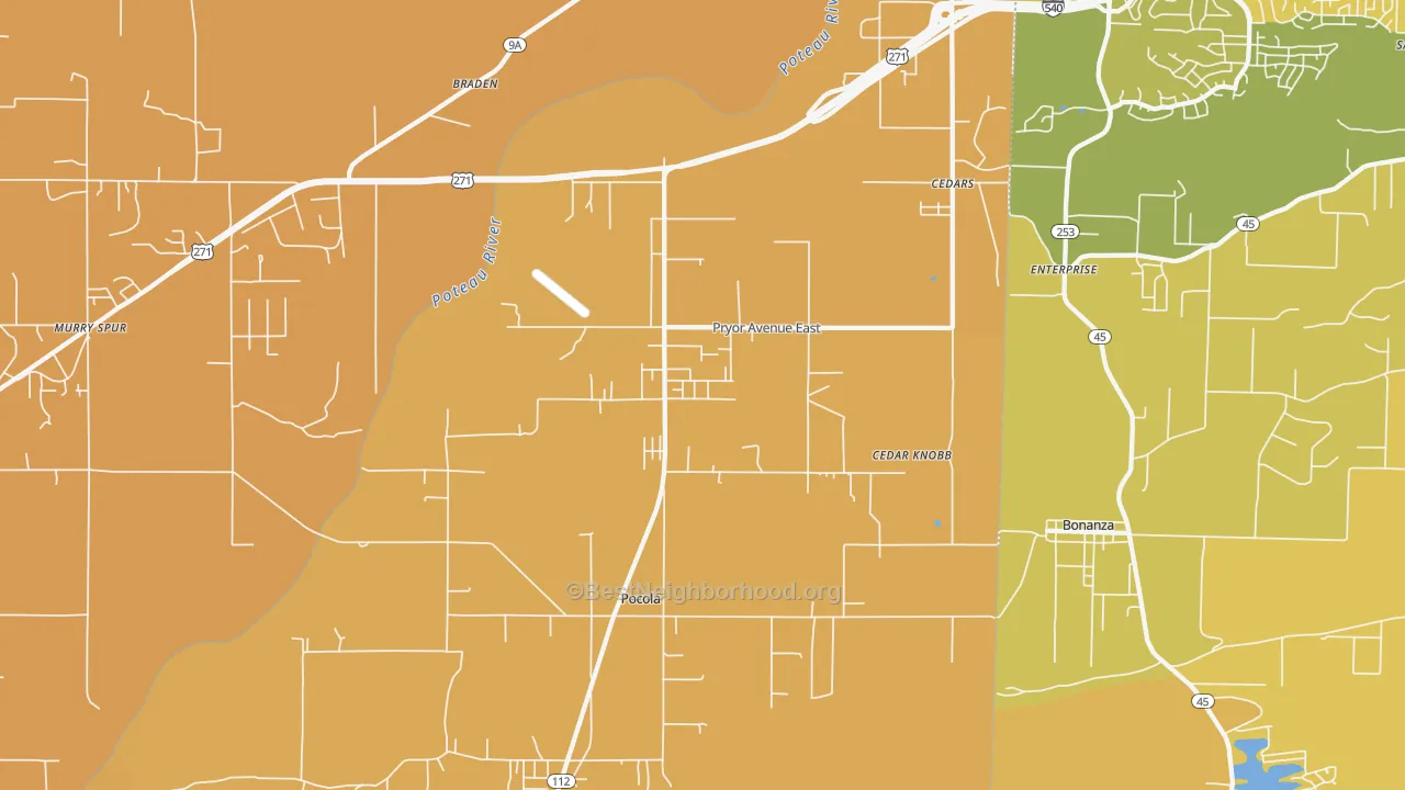 Map of the best neighborhoods in the 74902 area, with better matches in green and worse matches in red