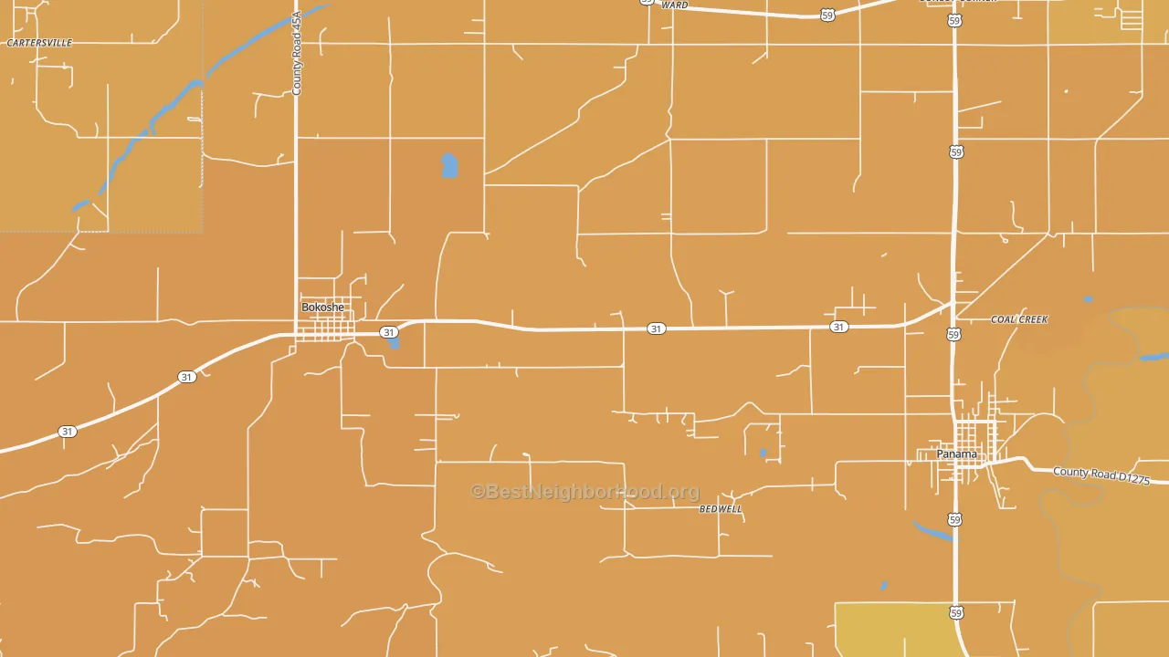 Map of the best neighborhoods in the 74930 area, with better matches in green and worse matches in red