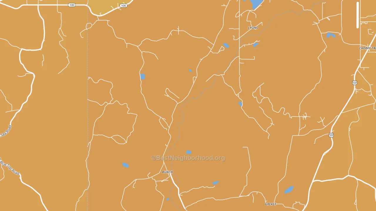 Map of the best neighborhoods in the 74931 area, with better matches in green and worse matches in red