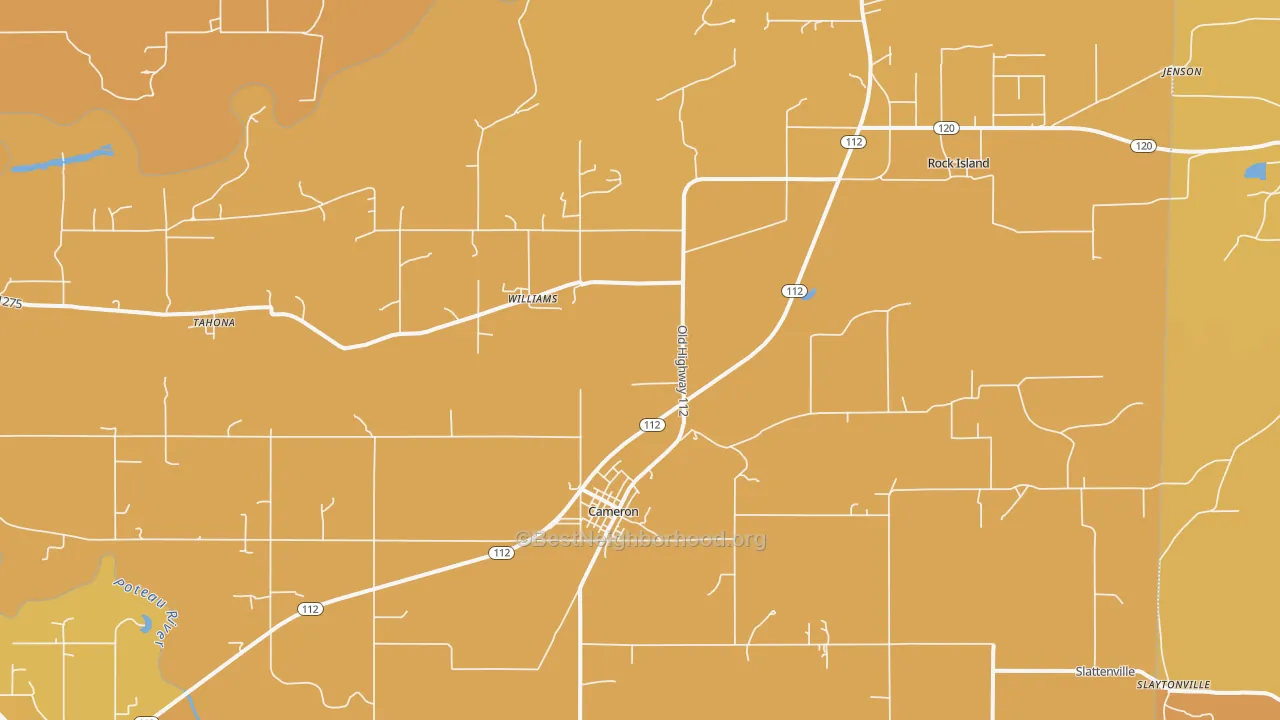 Map of the best neighborhoods in the 74932 area, with better matches in green and worse matches in red