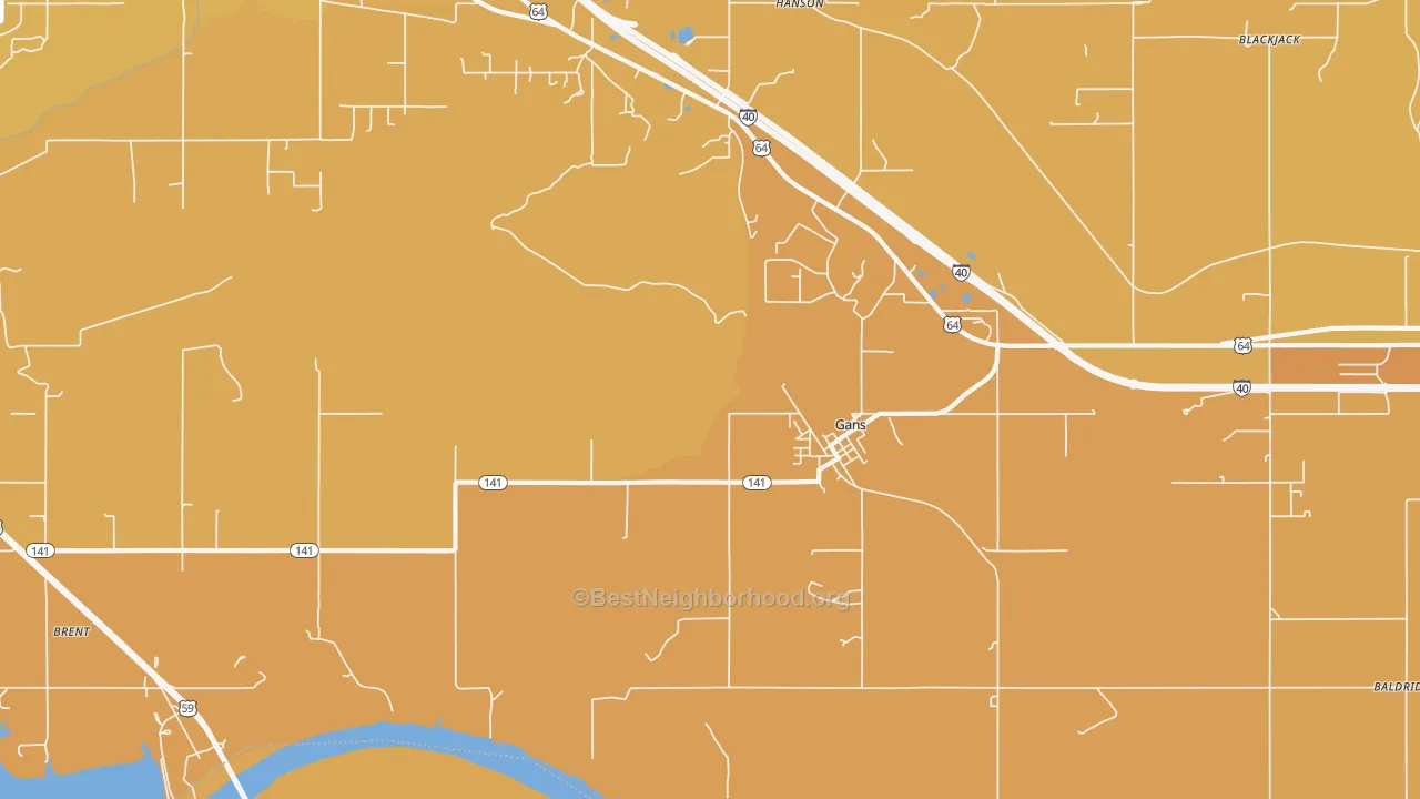Map of the best neighborhoods in the 74936 area, with better matches in green and worse matches in red