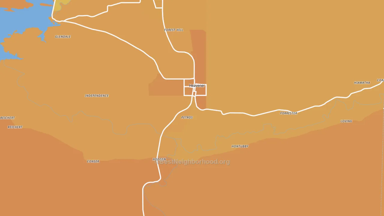 Map of the best neighborhoods in the 74937 area, with better matches in green and worse matches in red