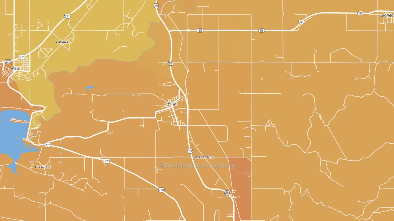 Map of the best neighborhoods in the 74940 area, with better matches in green and worse matches in red