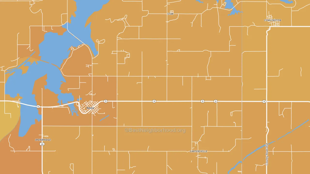 Map of the best neighborhoods in the 74941 area, with better matches in green and worse matches in red
