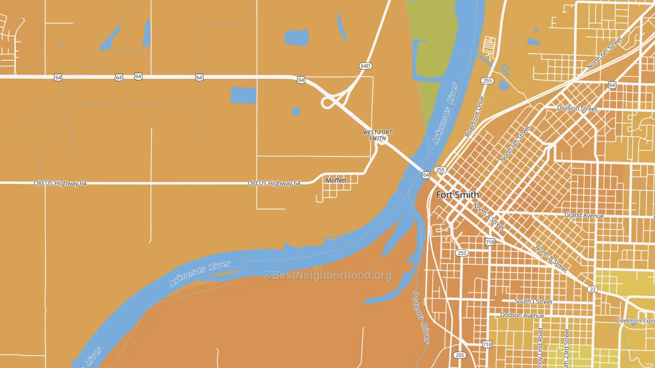 Map of the best neighborhoods in the 74946 area, with better matches in green and worse matches in red