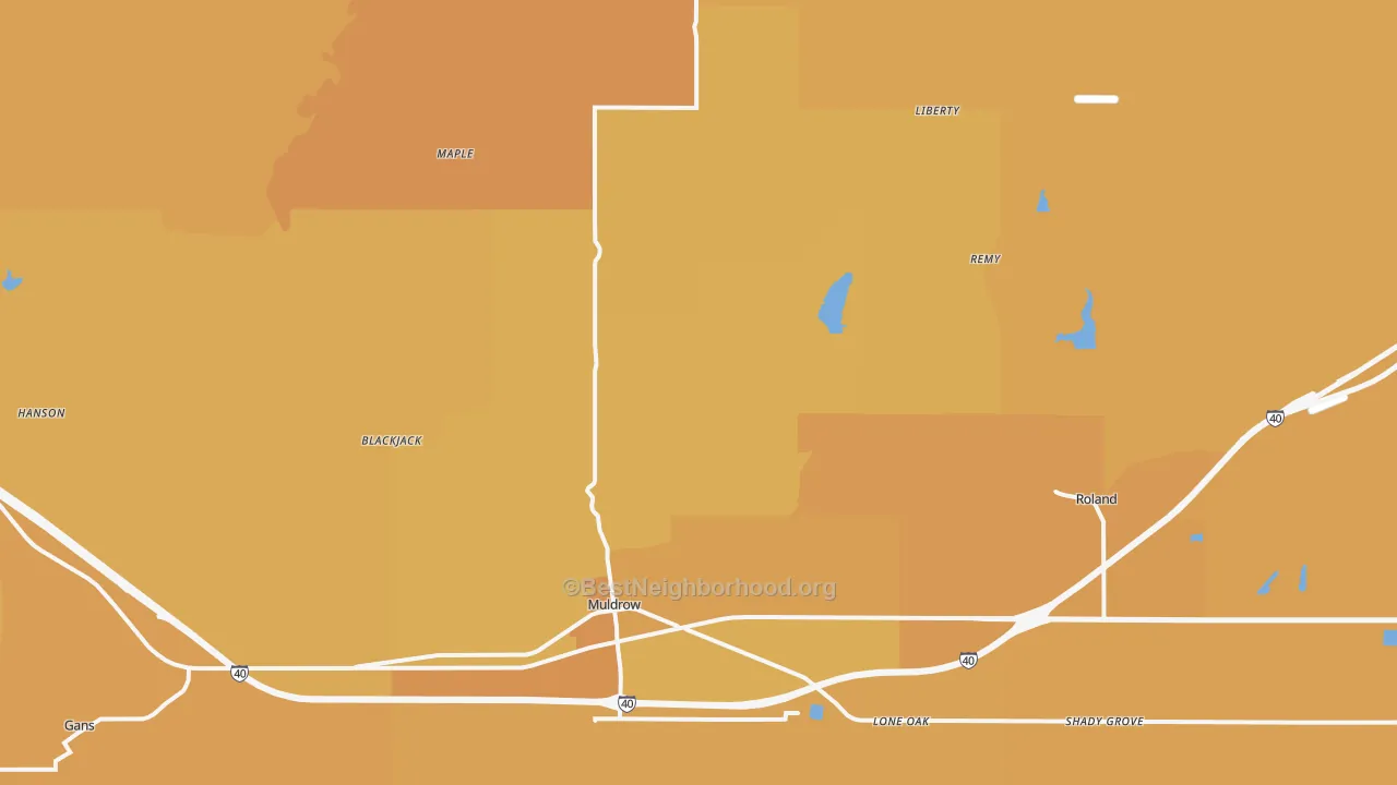 Map of the best neighborhoods in the 74948 area, with better matches in green and worse matches in red