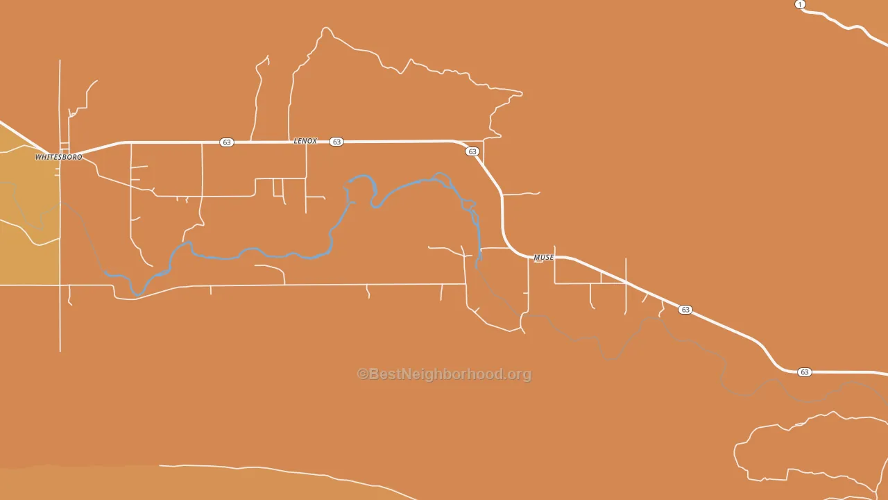 Map of the best neighborhoods in the 74949 area, with better matches in green and worse matches in red