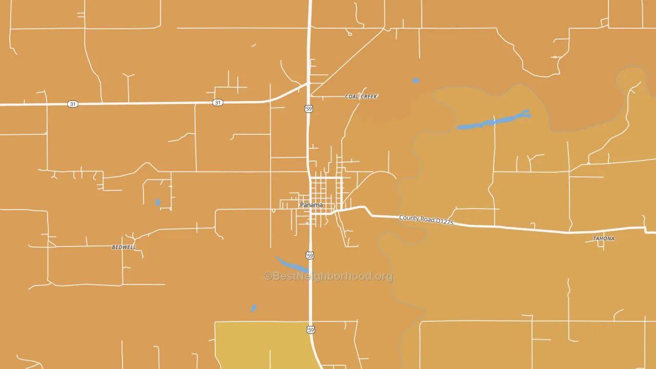 Map of the best neighborhoods in the 74951 area, with better matches in green and worse matches in red