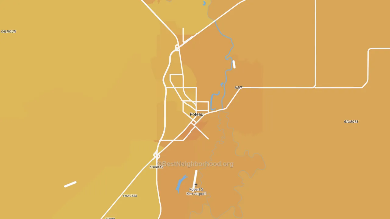 Map of the best neighborhoods in the 74953 area, with better matches in green and worse matches in red