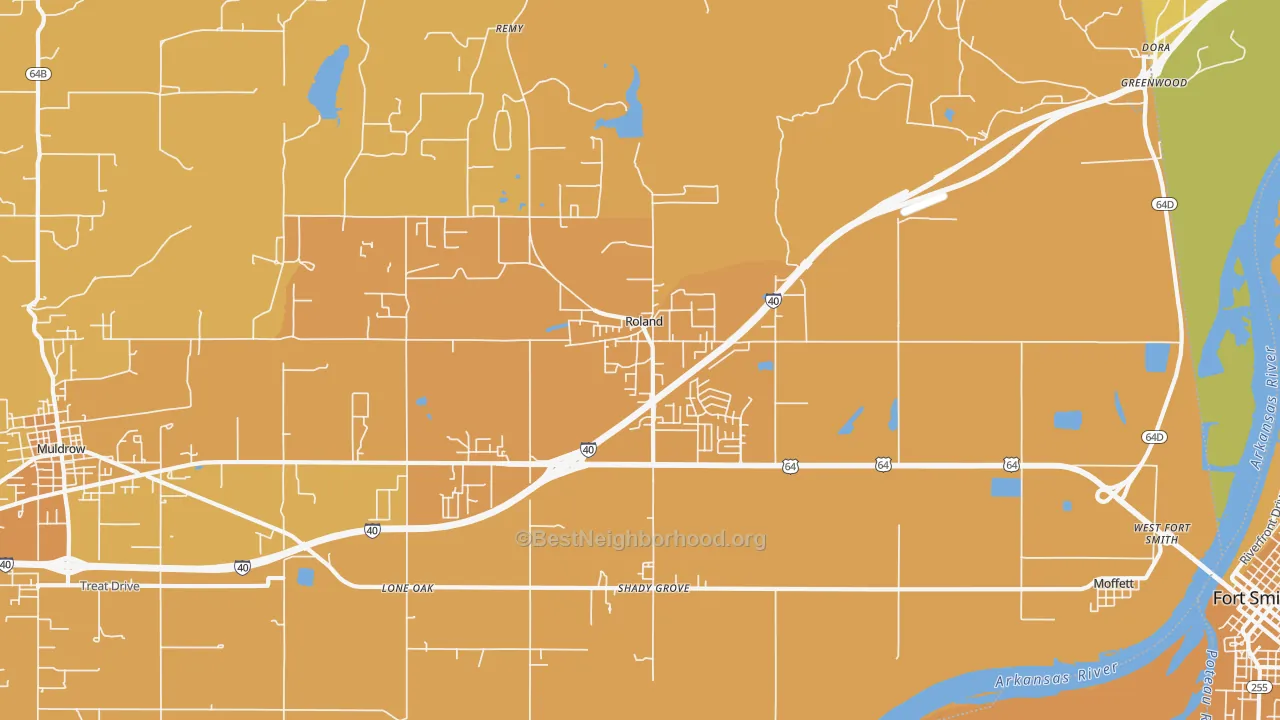 Map of the best neighborhoods in the 74954 area, with better matches in green and worse matches in red