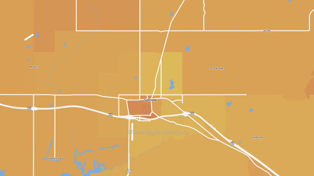 Map of the best neighborhoods in the 74955 area, with better matches in green and worse matches in red