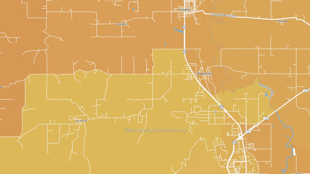 Map of the best neighborhoods in the 74956 area, with better matches in green and worse matches in red