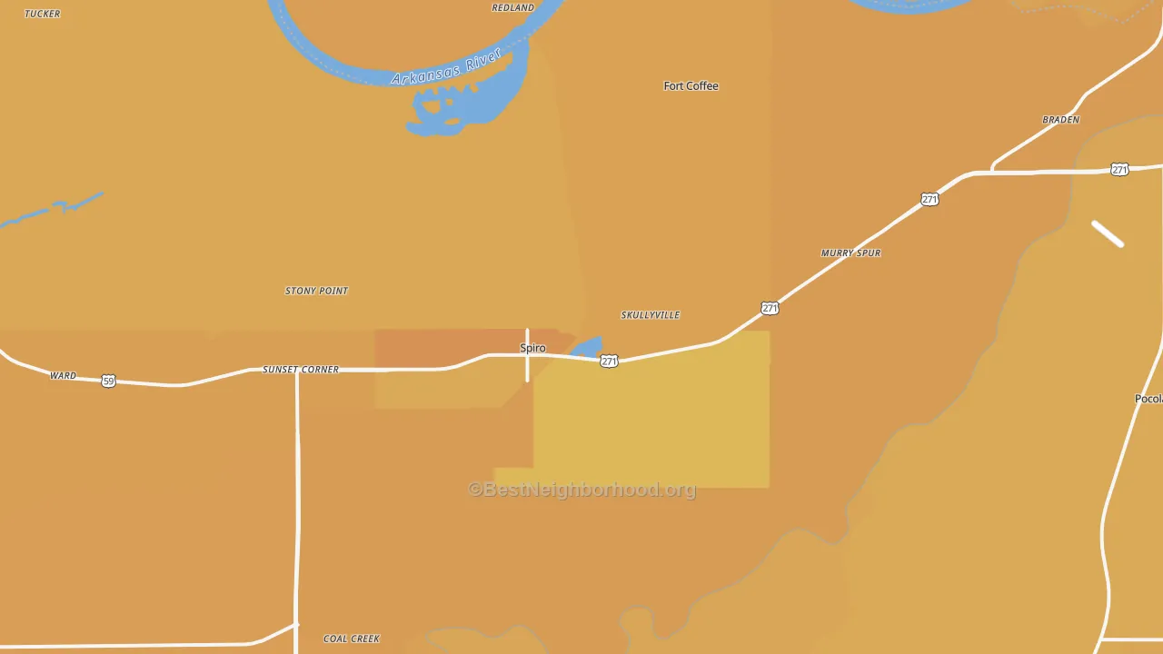 Map of the best neighborhoods in the 74959 area, with better matches in green and worse matches in red