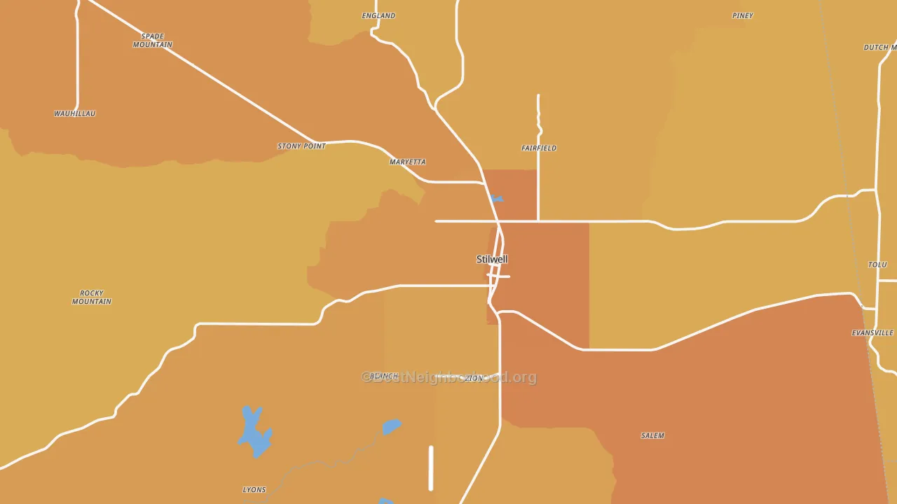 Map of the best neighborhoods in the 74960 area, with better matches in green and worse matches in red