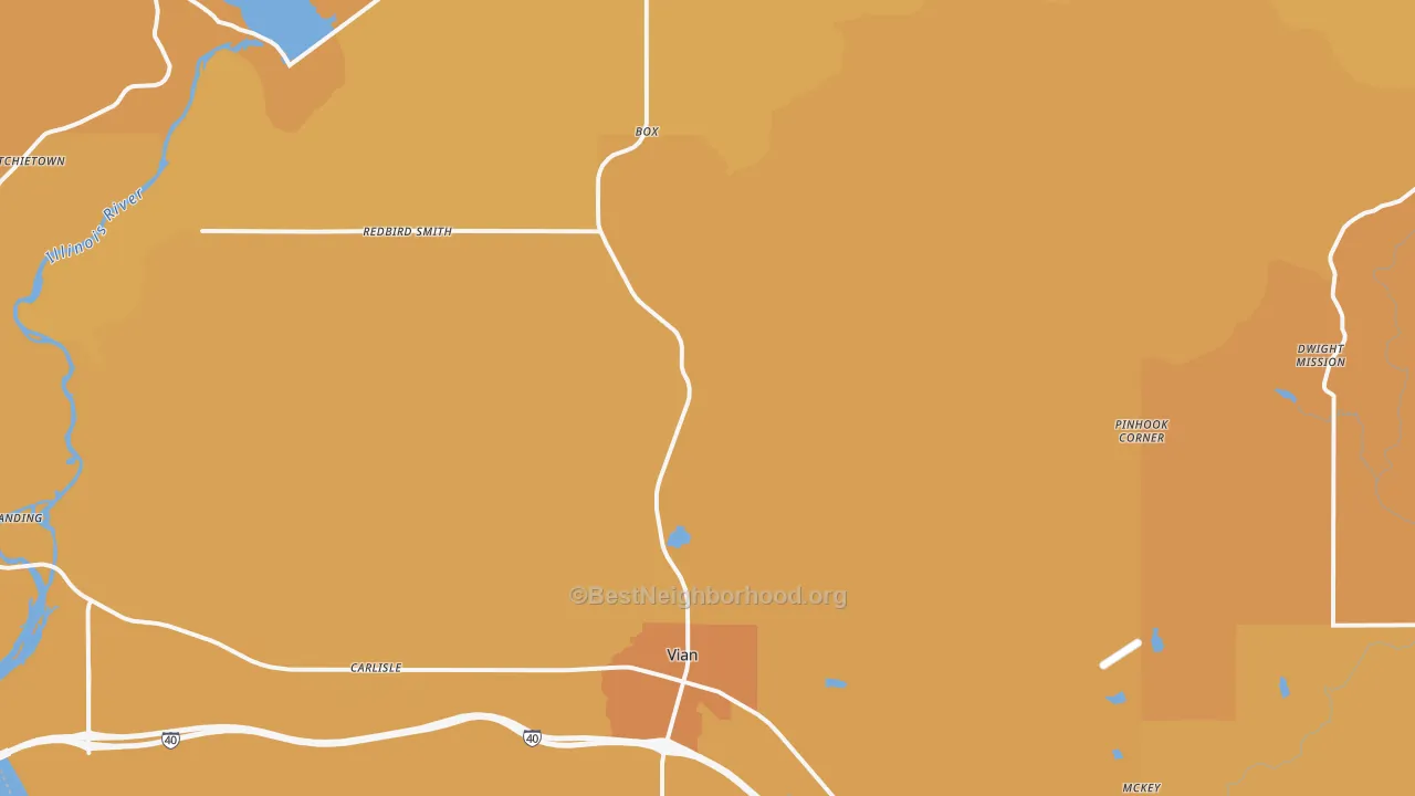 Map of the best neighborhoods in the 74962 area, with better matches in green and worse matches in red