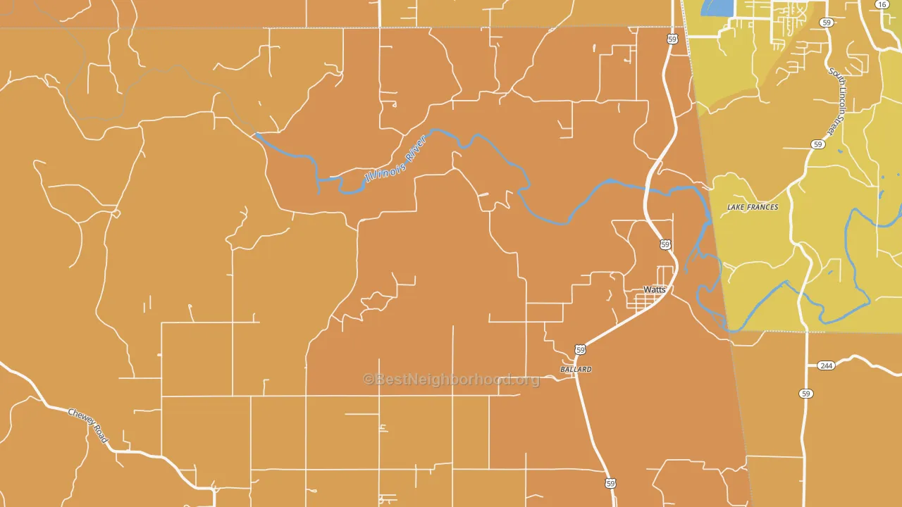 Map of the best neighborhoods in the 74964 area, with better matches in green and worse matches in red