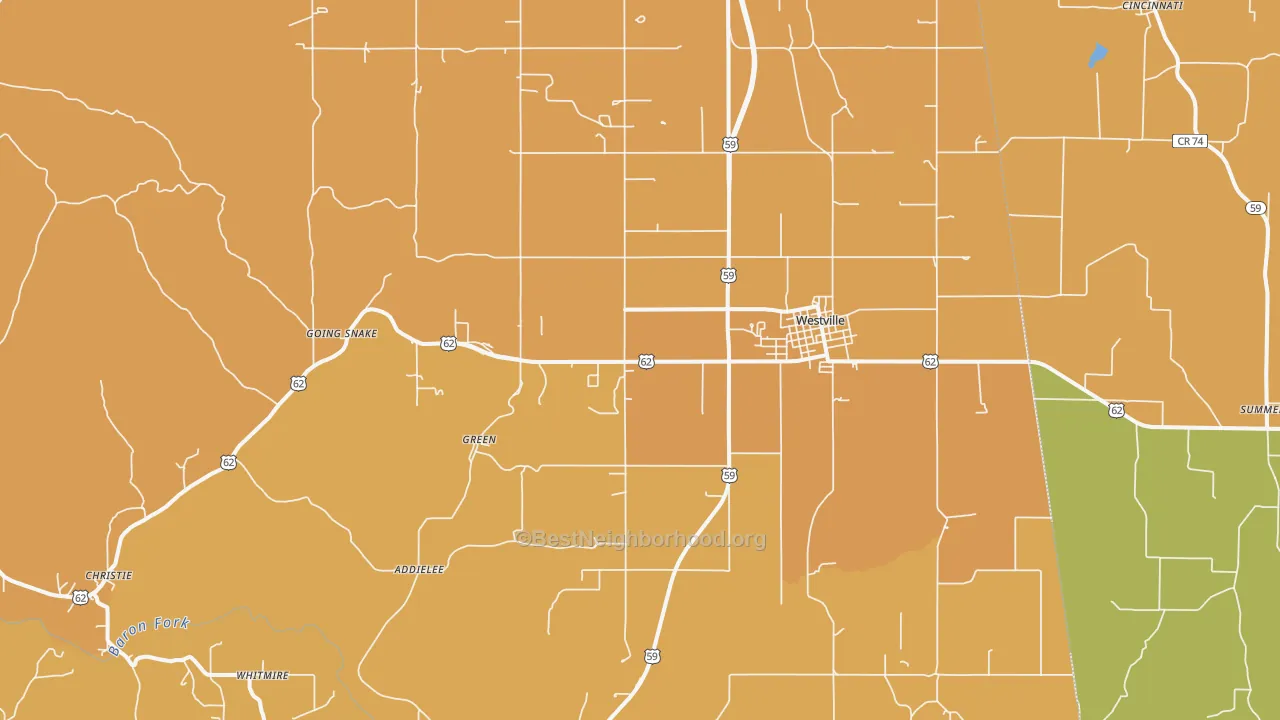 Map of the best neighborhoods in the 74965 area, with better matches in green and worse matches in red
