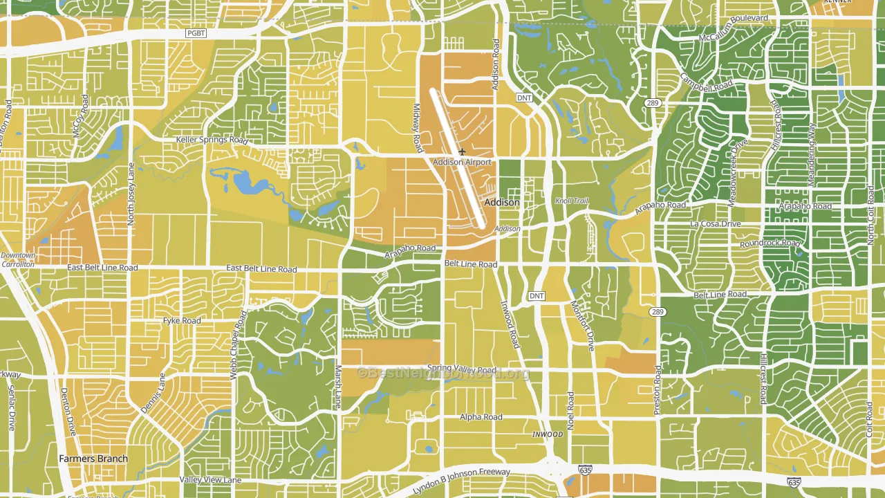 Map of the best neighborhoods in the 75001 area, with better matches in green and worse matches in red