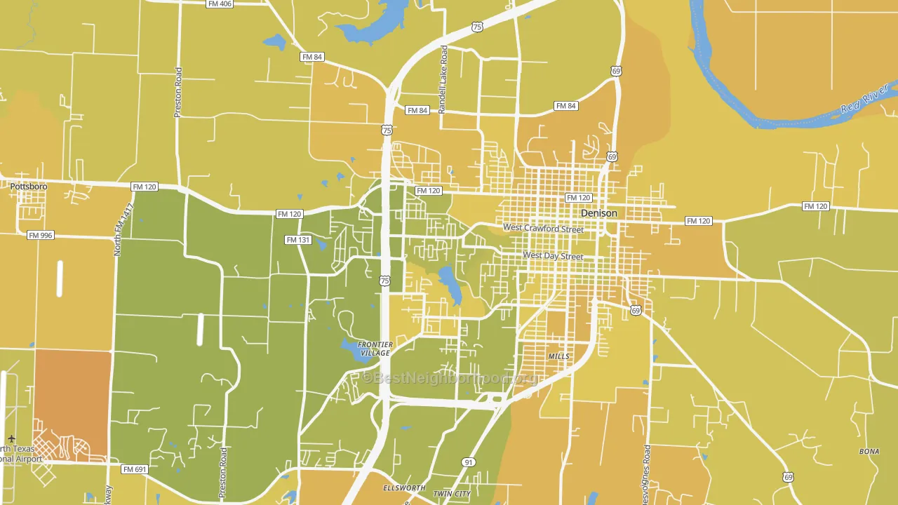 Map of the best neighborhoods in the 75020 area, with better matches in green and worse matches in red
