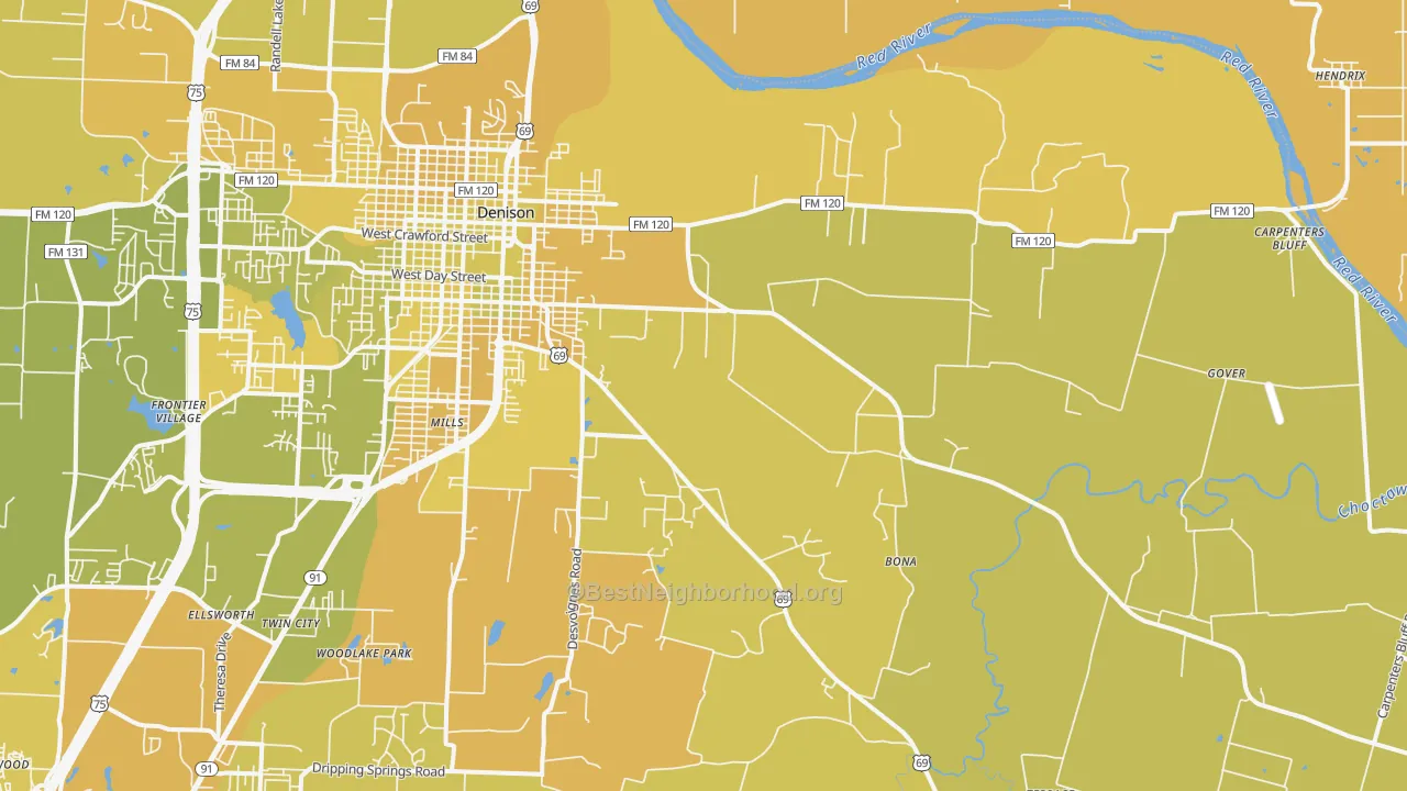 Map of the best neighborhoods in the 75021 area, with better matches in green and worse matches in red