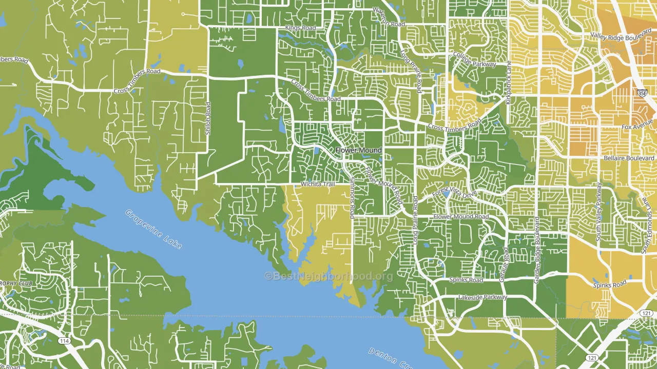 Map of the best neighborhoods in the 75022 area, with better matches in green and worse matches in red
