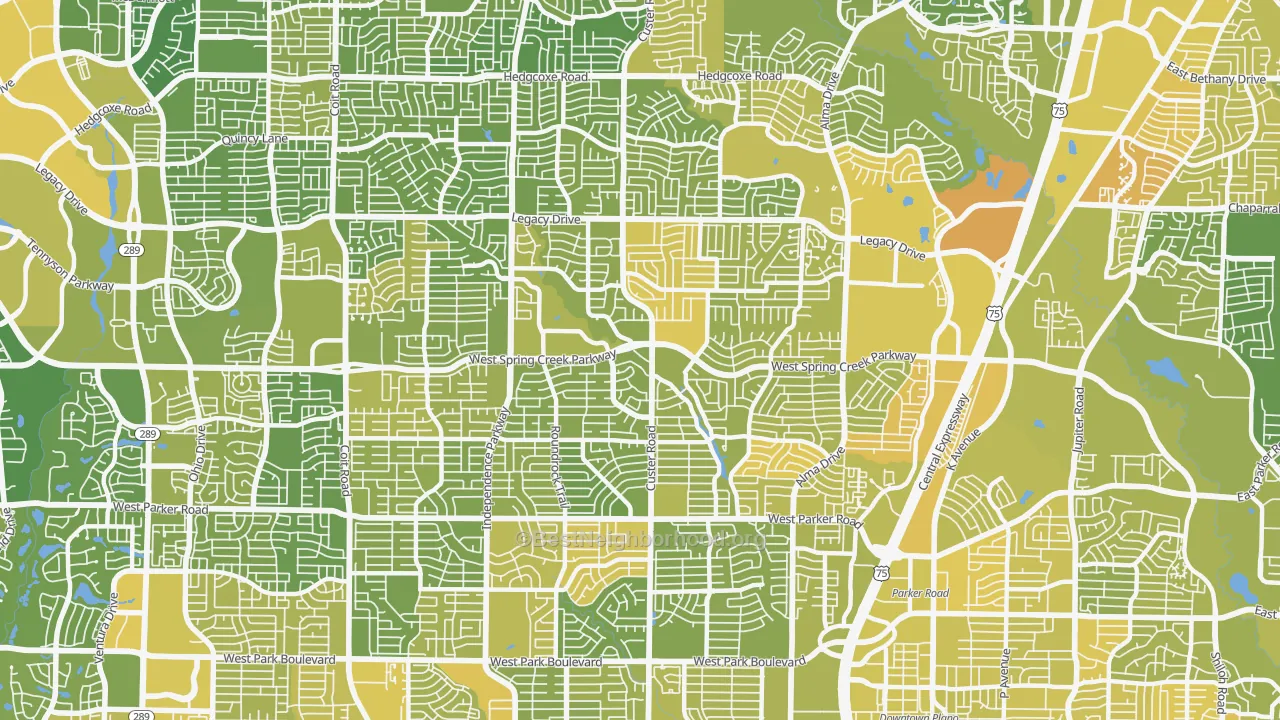 Map of the best neighborhoods in the 75023 area, with better matches in green and worse matches in red
