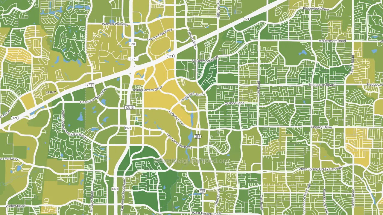 Map of the best neighborhoods in the 75024 area, with better matches in green and worse matches in red
