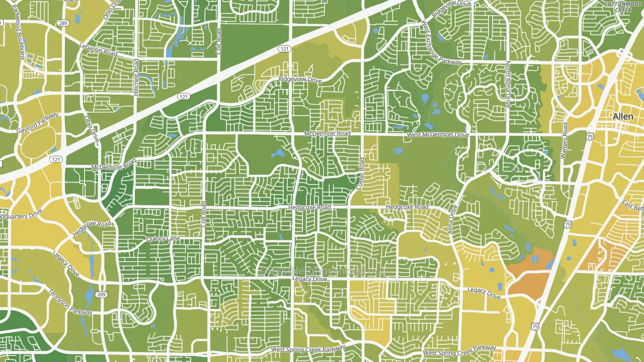 Map of the best neighborhoods in the 75025 area, with better matches in green and worse matches in red