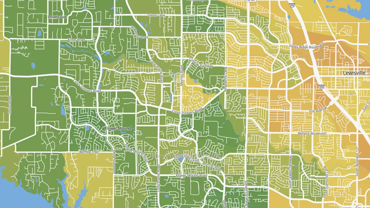 Map of the best neighborhoods in the 75028 area, with better matches in green and worse matches in red
