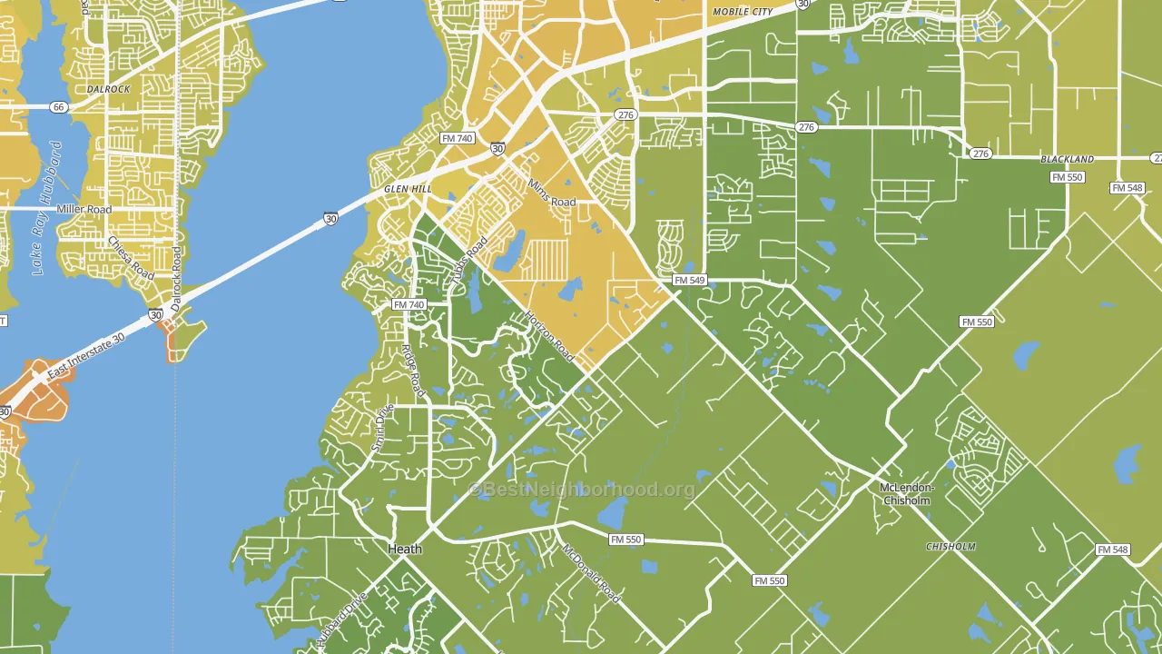 Map of the best neighborhoods in the 75032 area, with better matches in green and worse matches in red
