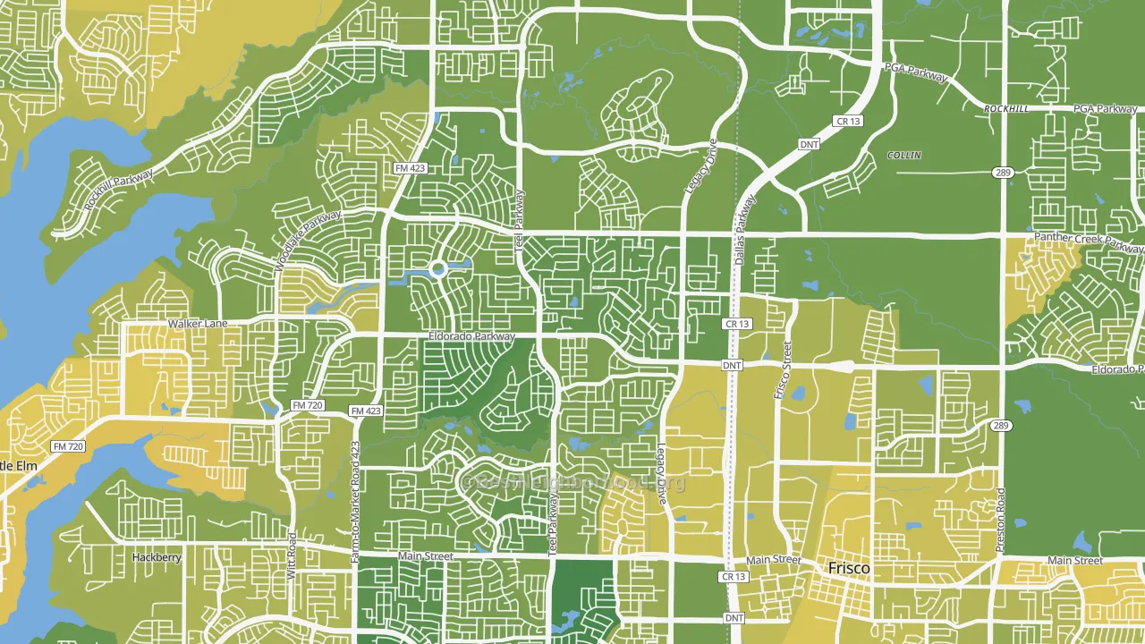 Map of the best neighborhoods in the 75033 area, with better matches in green and worse matches in red