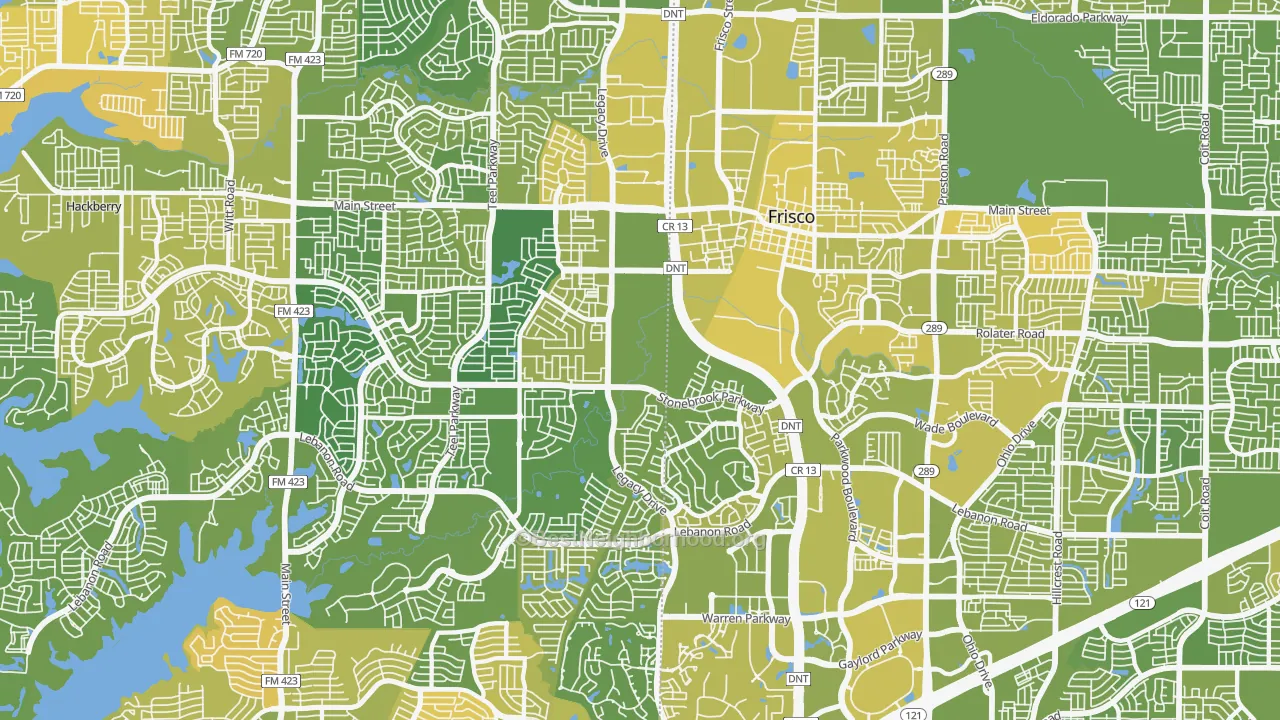 Map of the best neighborhoods in the 75034 area, with better matches in green and worse matches in red