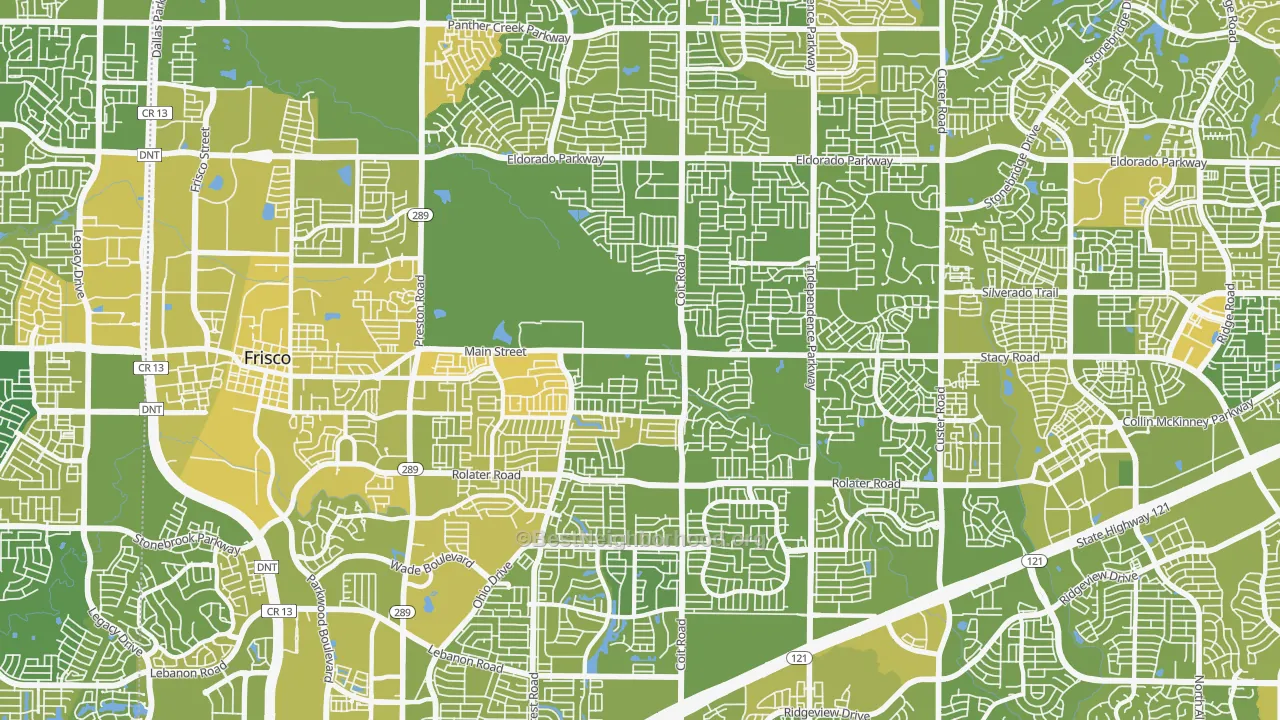 Map of the best neighborhoods in the 75035 area, with better matches in green and worse matches in red