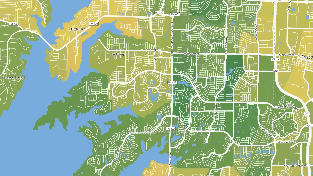Map of the best neighborhoods in the 75036 area, with better matches in green and worse matches in red
